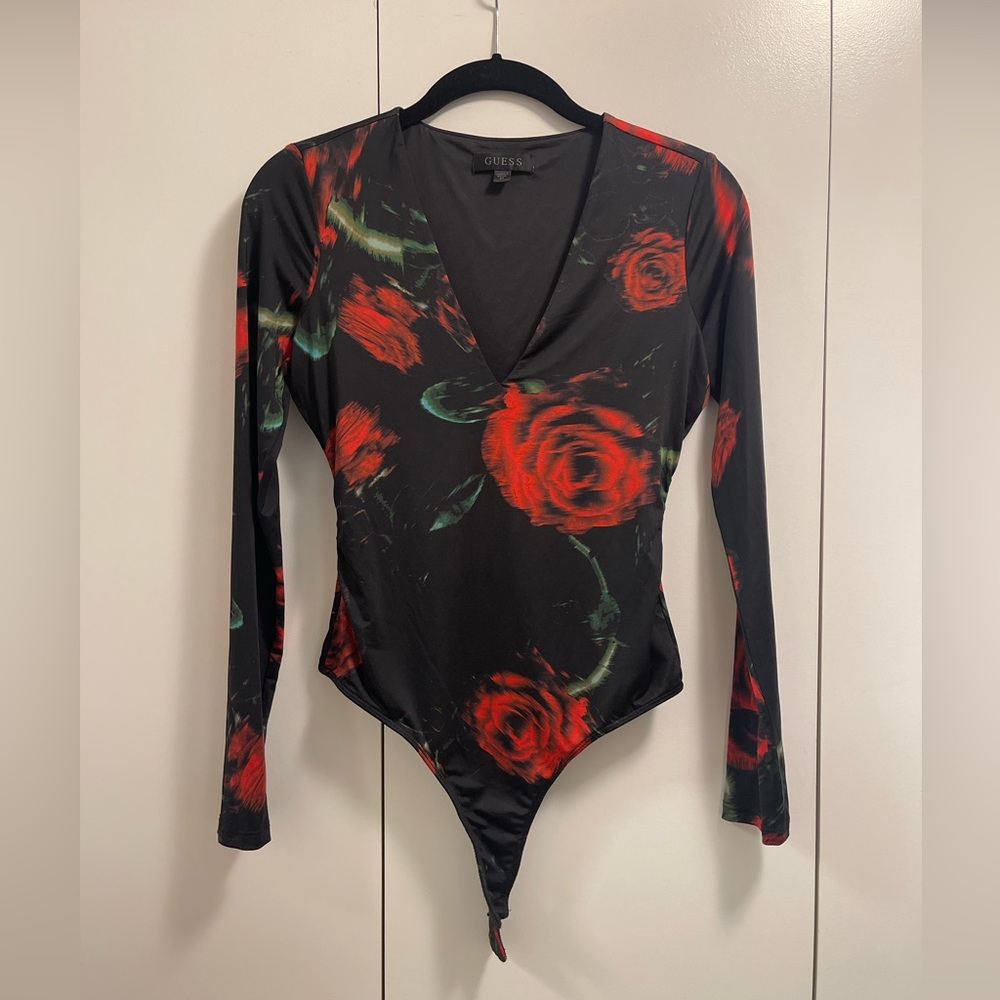 GUESS Black Bodysuit with Red Rose Print
